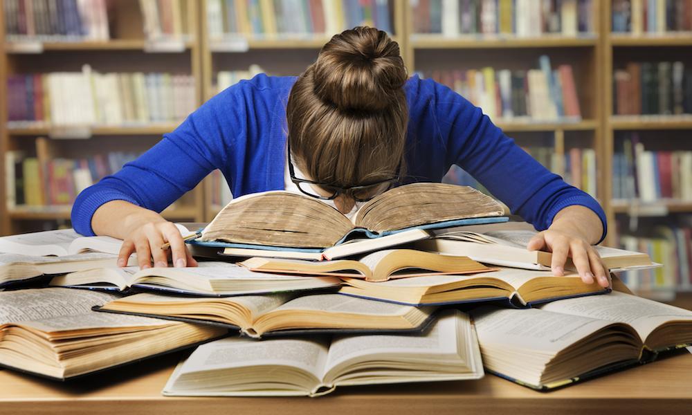 Student Studying Hard Exam and Sleeping on Books, Tired Girl Read Difficult Book in Library