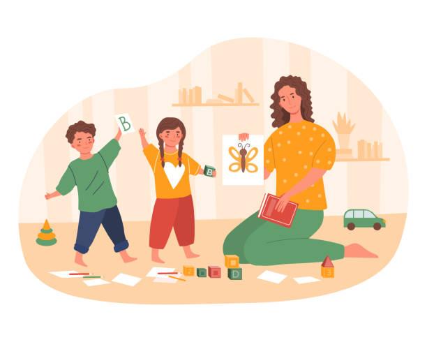 Mother teaching kids. Woman spends time with boy and girl. Mom teaching her kids. Cute, relationships, household chores, entertainment. Smart toddler, education. Cartoon flat vector illustration