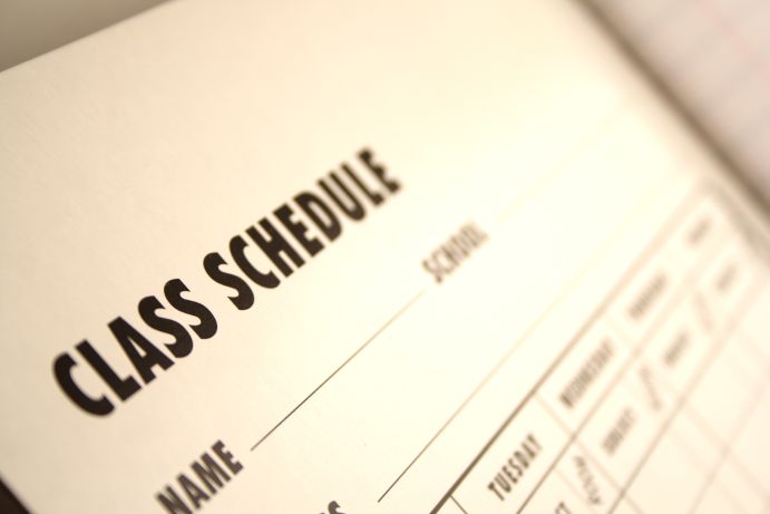 A class schedule. Students need to consider which class times work best for them when registering.