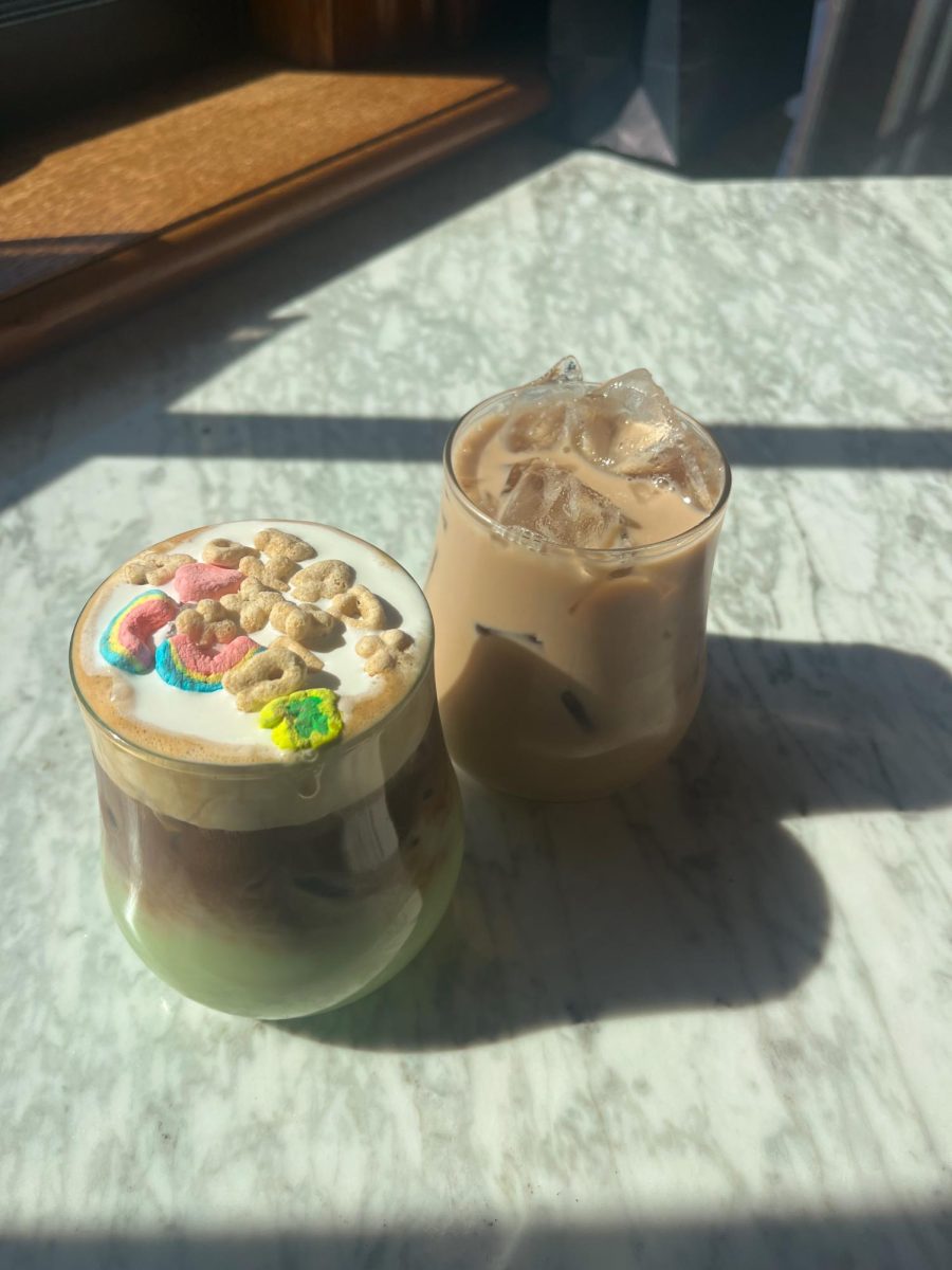 A "whimsical" latte complete with Lucky Charms cereal toppings.