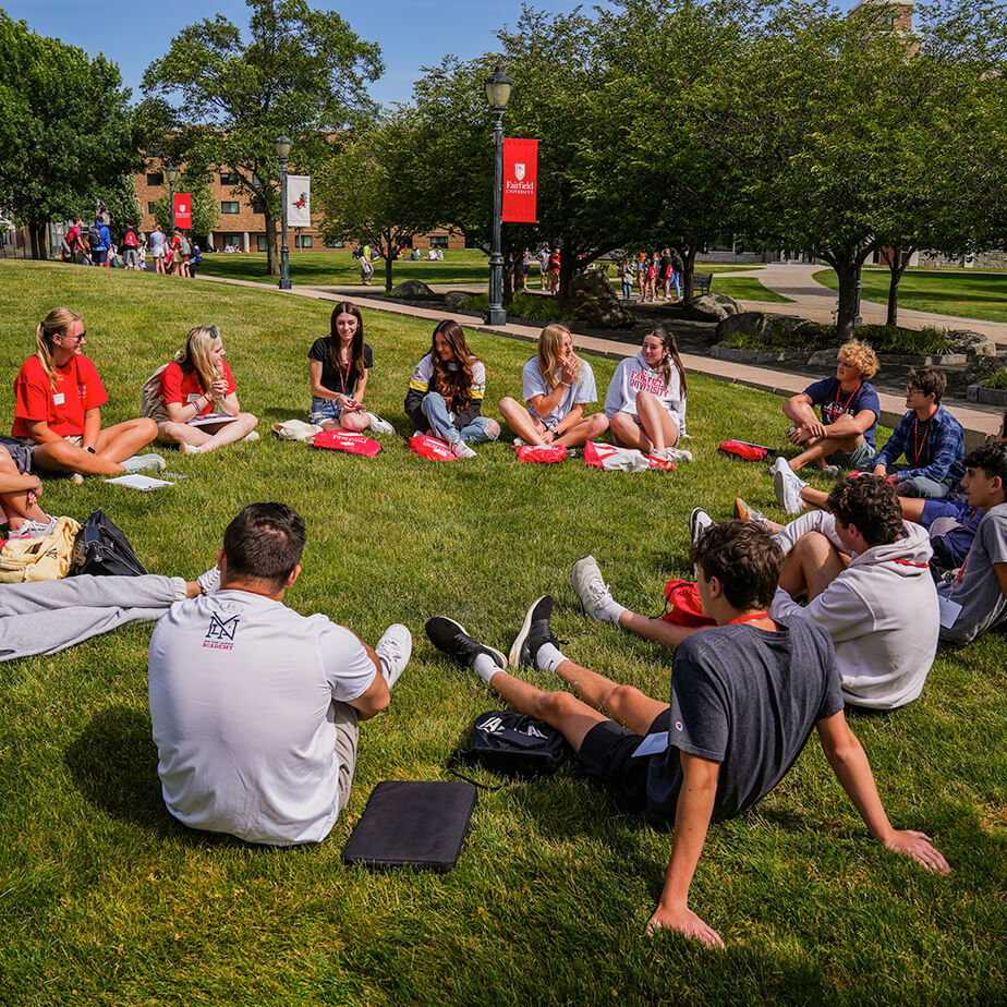 A group of Fairfield students enjoying time on the Quad. (Fairfield University)